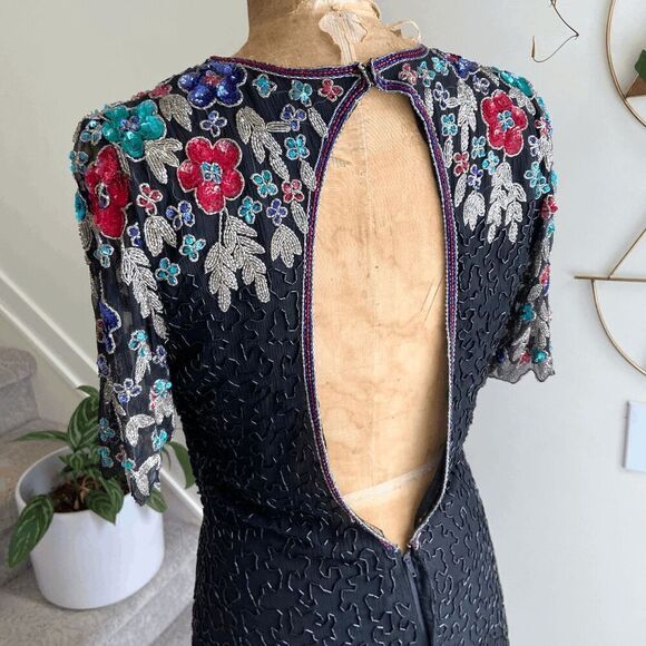 VTG Laurence Kazar 100% Silk Beaded Sequin Embellished Cocktail Party Dress - M - Picture 2 of 8